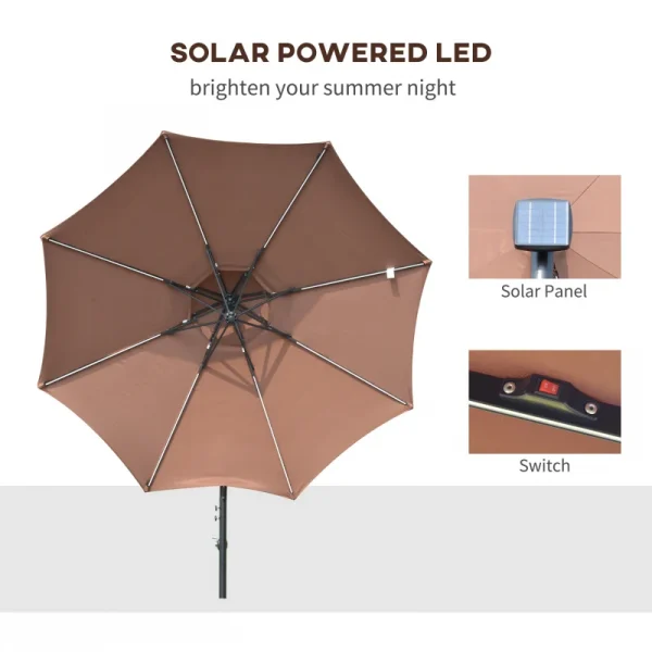 Outsunny 3m Cantilever Solar LED Garden Parasol With Crank Handle, Brown