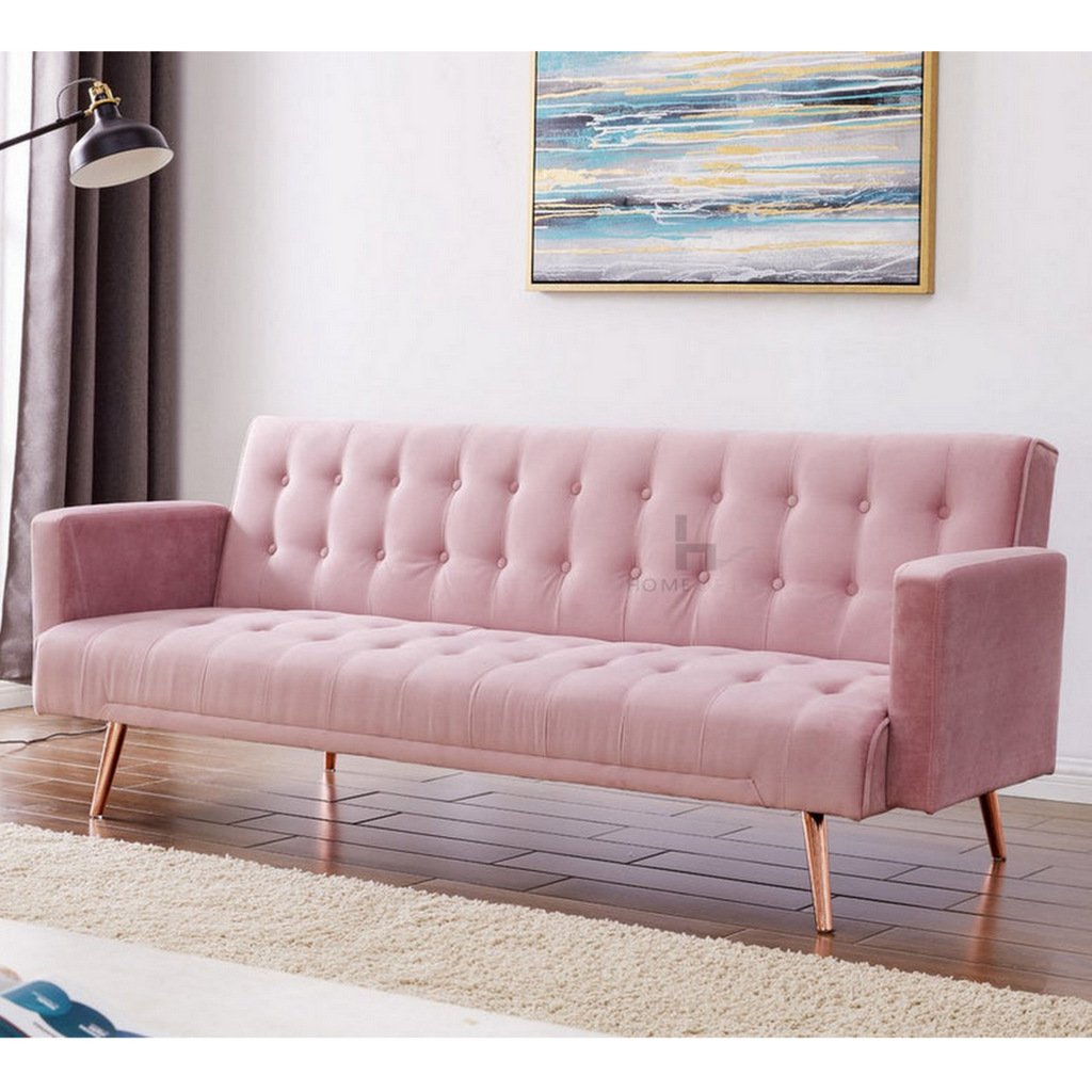 Luxury Blush Pink Velvet 3 Seat Sofa Bed With Rose Gold Legs Absolute