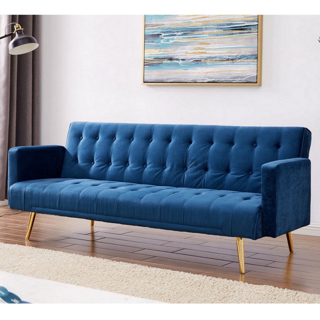 Luxury Blue Velvet 3 Seat Sofa Bed With Rose Gold Legs Absolute Home