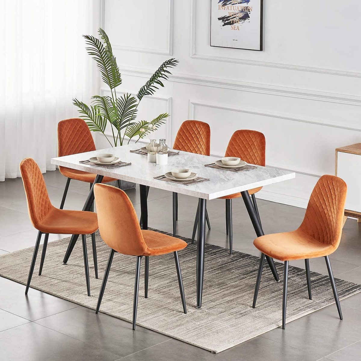 Set of 4 Orange Velvet & Metal Legs Dining Chairs Absolute Home